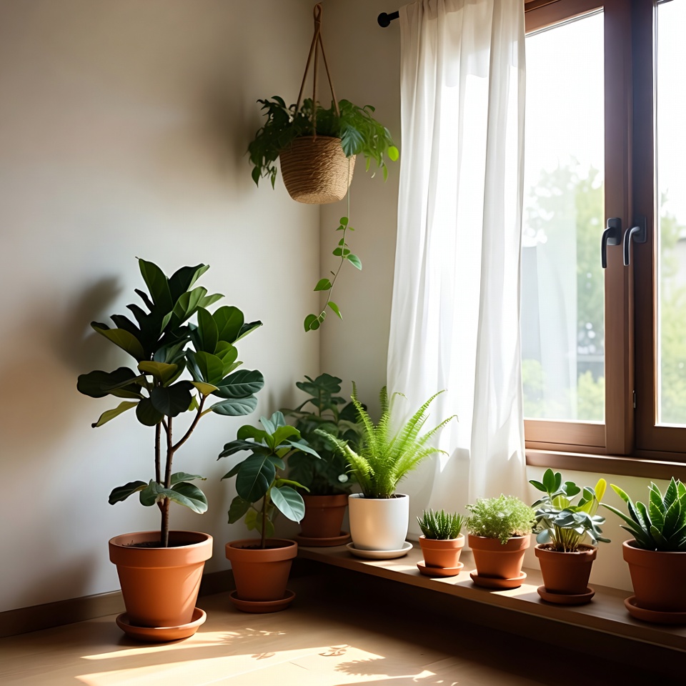 Sunlit living room with indoor plants on a low shelf.